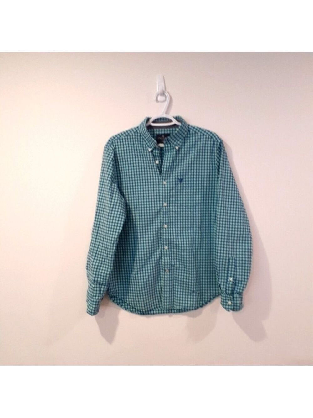 American Eagle Men's Teal Navy Button Front Shirt Large